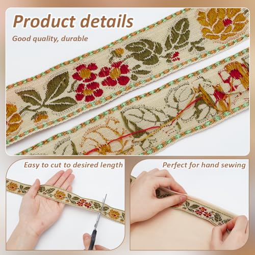 FINGERINSPIRE 5.5 Yards Ethnic Style Embroidery Flower Ribbon 1-1/4 inch Wide Pale Goldenrod Flower Ribbon Floral Embroidered Jacquard Ribbons Vintage Woven Trim for DIY Crafts Sewing Clothing - color: Pale Goldenrod