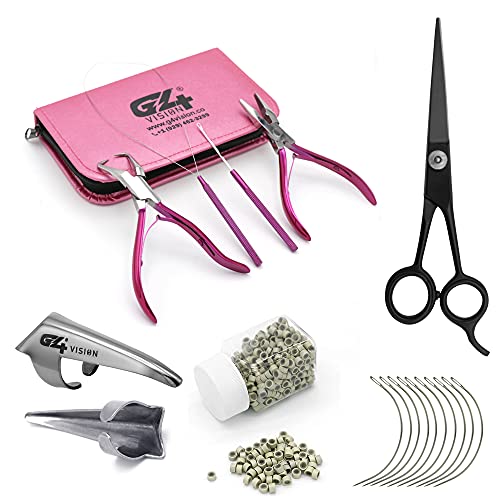 Professional Hair Extension & Beading Tool Kit Remove Plier Set for beads (4 Piece) I-Link Micro Ring Loop Needle Pulling Hook Threader Wire for Silicone Rings (Blonde Beads) - color: Blonde Beads
