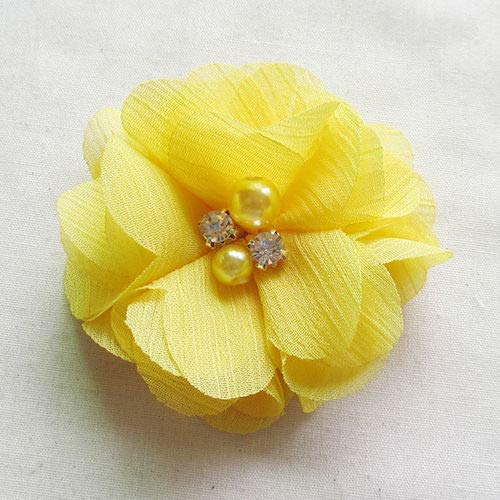 Chenkou Craft Pack of 12pcs Chiffon Flowers Ribbon Bows W/Beads 2-3/8" (60mm) Appliques Wedding Decor Bulk Lots (Yellow) - color: Yellow