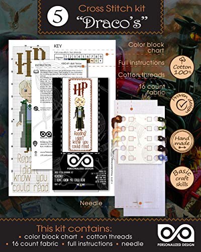 Personalized.Design Embroidery Kits for Kids 'HP Quotes' - Set of 5 DIY Bookmarks with Counted Cross-Stitching Patterns - color: 5-in-1