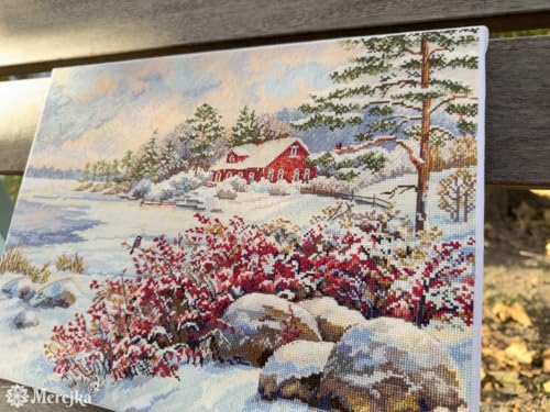 Merejka Counted Cross Stitch Kit – The Lake House K-261, Winter Cottage Lakeside Scene, Zweigart Aida 16 White, 34 DMC Threads, Finished Size 11.8 x 15.7 in (30 x 40 cm)