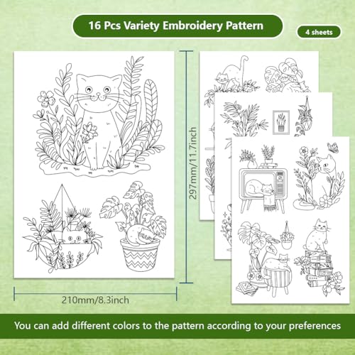 BENECREAT 4Sheets 16Pcs Cat Water Soluble Embroidery, 11.7x8.3inch Home Plants Cats Stick and Stitch Embroidery Paper Stabilizer Water Soluble Hand Sewing for Shirts, Coats, Bags - color: Cat