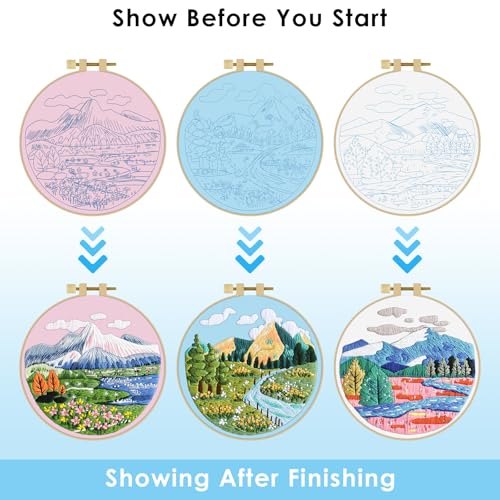 ERKOON 3 Sets Embroidery Kit, Floral Cross Stitch Set for Include Embroidery Cloth Hoops Threads for Craft Lover Hand Stitch (Landscapes) - color: Landscapes