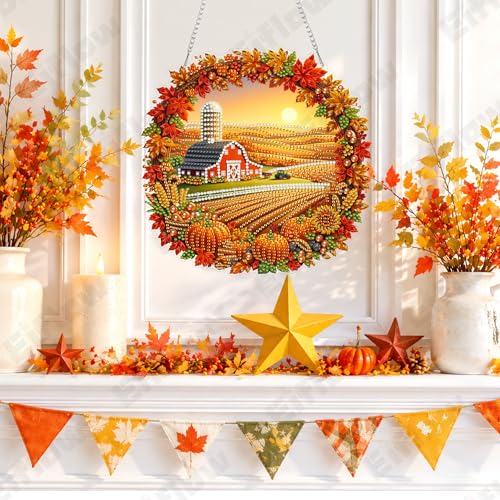 Eiflow Acrylic Diamond Art Hanging Kit for Adults, DIY Diamonds Painting Door Hanger Board Kit, Special Crystal Diamond Art Painting Pendant Ornament (Fall Field) - color: Fall Field