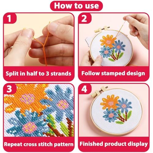ZOIIWA 6 Pcs Flower Cross Kit for Beginner Flower DIY Embroidery Kit