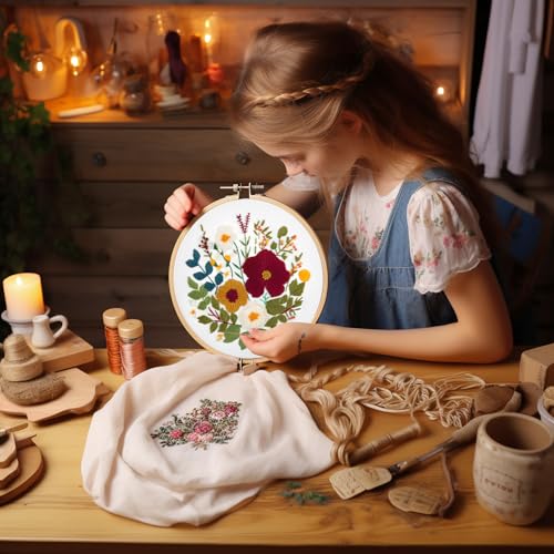 Bonroy Embroidery Kit for Beginners with Instructions,Cross Stitch Kits for Adults with Pattern,Needlepoint Kits for Adult Include Embroidery Cloth Hoops Needles Threads (flowers2) - color: flowers2