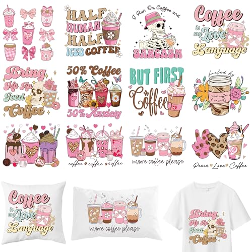 12 Sheets Coffee Iron on Transfers for T-Shirts - style: Coffee