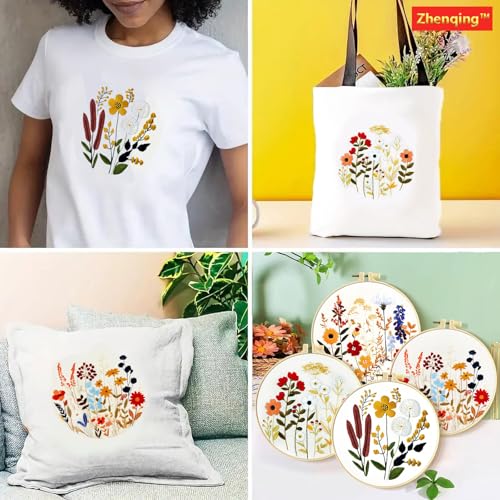Zhenqing Floral Embroidery Kit - 4 Piece 29x29cm Round Hoop Art Set with Pre-Printed Cotton Fabric, Embroidery Hoop, Threads & Tools for Beginners (C0010) - color: C0010