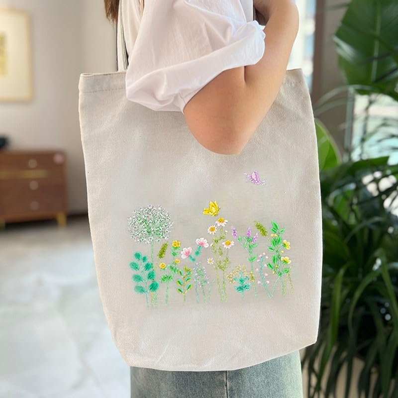 CREAWONDER Canvas Tote Bag Embroidery Kit with Pattern for Beginners, Arts and DIY Embroidery Crafts Kits for Adults, Include Instructions, Embroidery Hoops, Color Threads and Tool - color: CR002 banmeng white
