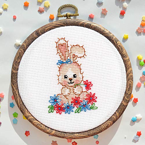 Povitrulya Cross Stitch Kit 'Bunny in Flowers' - DIY Spring Embroidery Design with Baby Rabbit Counted Pattern - color: Bunny in Flowers