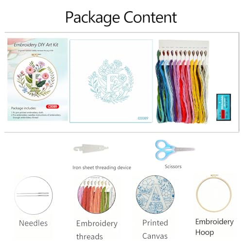 Zhenqing Letter F Embroidery Kit for Beginners, Pre-Printed 29x29cm Cotton Fabric with 20cm Hoop, Elegant Floral Monogram Design for Home Decor (C0089)