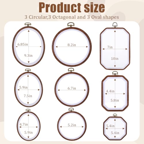 9 Pieces Circle/Oval/Octagonal Decorative Embroidery Hoop Frame for Display, Large Wood-Grain Embroidery Frames for Display Cross Stitch Frame for DIY Craft Art Sewing Hanging Ornaments Home Decor