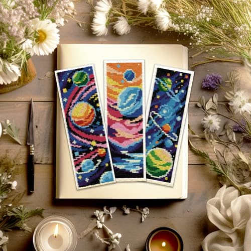 ACRNIGHEET 6PCS Stamped Cross Stitch Bookmark Kit for Beginners Planet - style: Planet Patterns