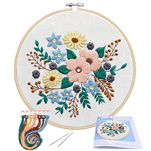 KISSBUTY Embroidery Starter Kit with Pattern, Stamped Embroidery Cloth, Bamboo Hoop, Color Threads Needle Kit (Floral)