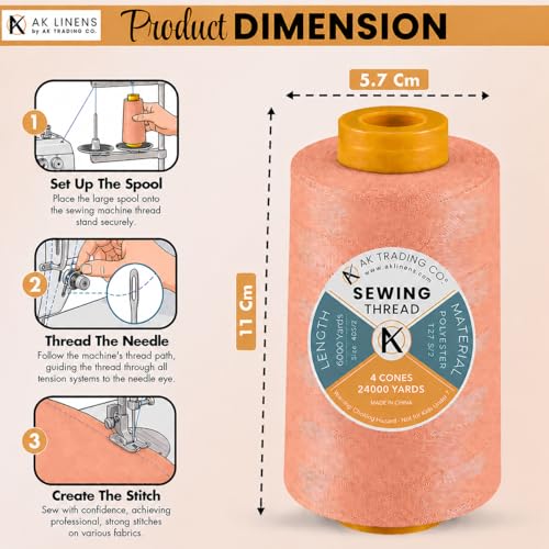 AK TRADING CO. 4-Pack Dark Peach All Purpose Sewing Thread Cones (6000 Yards Each) of High Tensile Polyester Thread Spools for Sewing, Quilting, Serger Machines, Overlock, Merrow & Hand Embroidery - color: DARK PEACH