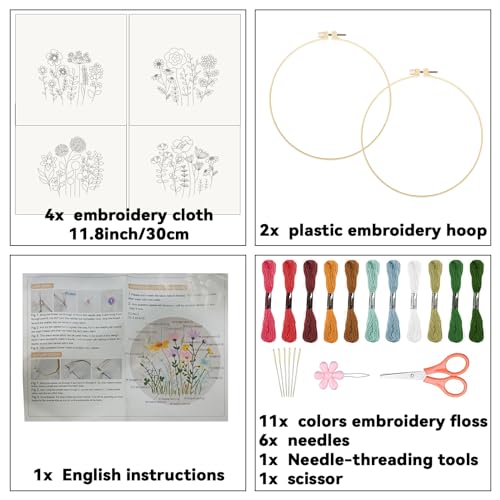 ORIGACH 4 Pack Flowers Embroidery Kits for Beginners, DIY Starter Hand Embroidery Kit with Floral and Plants Patterns and Instructions for Adults Women Crafting - color: Flowers