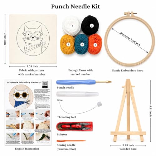 CELCRAFTIQUE Punch Needle Kits for Adults Beginner, Tool with Punch Needle Fabric, Hoops, Yarns and Sewing Needles (Lemon Cat) - color: Lemon Cat