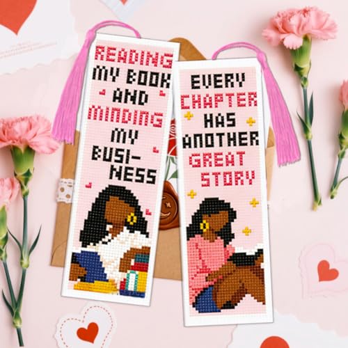 ACRNIGHEET 6PCS Cross Stitch Bookmark Kit for Beginner Women Reading Stamped Cross Stitch Kits Needlepoint Kit for Adults DIY Tassel Embroidery Bookmark Kits with Instructions Craft Gift 8.5"x3" 11CT - style: Women Reading with Tassel