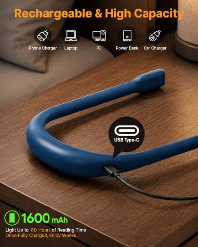 Book Light with Storage Case, 80H Lasting Rechargeable Neck Light - color: Dark Blue + Black Storage Case