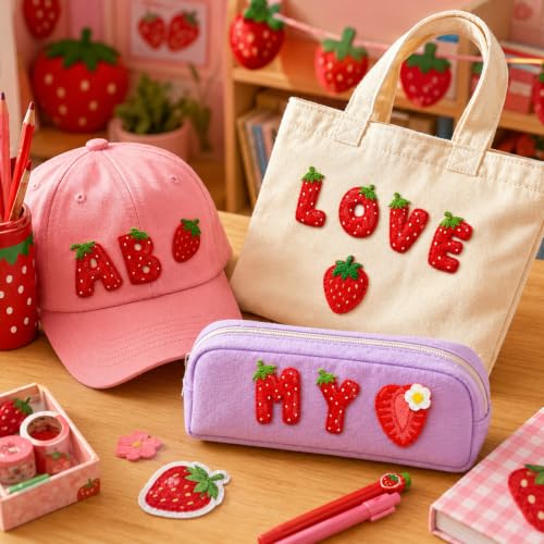 Cinrobiye 38 Pcs Strawberry Patches Self Adhesive Cute Sweet Strawberry A to Z Alphabet Applique Preppy Cute Chenille Letter Patches Stick on for Clothing Hats Bags Fabric DIY Crafts - style: Strawberry