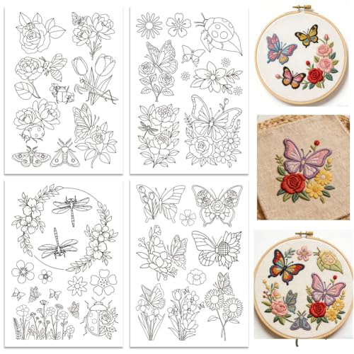 ORIGACH 4 Sheets Floral Insect Water Soluble Embroidery Pattern Stabilizers - color: Floral & Insects
