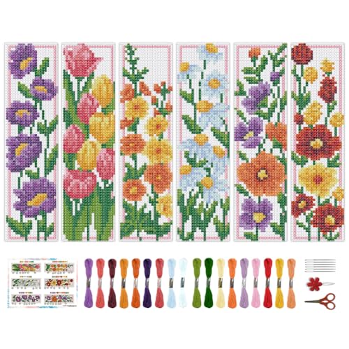 BEUNITONE 6 Set Floral Bookmark Cross Stitch Kits for Beginners with Instructions Floral Bookmarks Cross-Stitch Kit Stamped Embroidery Bookmark DIY Crafts Book Marker for Book Lovers 8''x2.4'' 11CT - style: Flower Cluster A