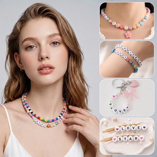 Letter Beads and Bracelets String Set, 4x7mm Round Alphabet Beads - color: C+W+heart