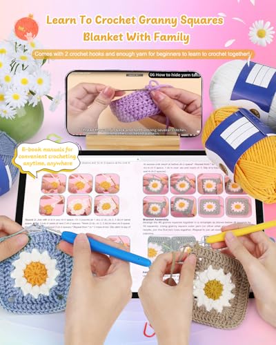 Coopay Crochet Kit for Beginners, Granny Square Blanket Kit, Blue-Purple - color: Blue-purple - Daisy
