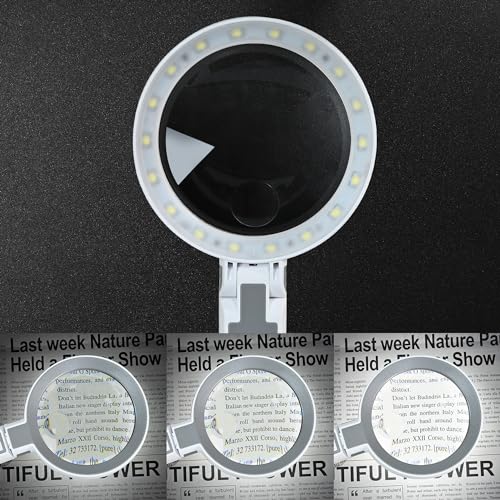 4X Rechargeable Magnifying Glass with 18 LED Light, Foldable Handheld Stand, Magnifying Glass with Light Ideal for Close Work, Seniors Reading, Macular Degeneration - Inbuilt Lithium Battery Included - size: 4X-10.5X