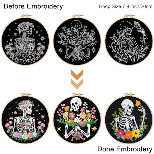 Louise Maelys 3 Pack Embroidery Kit for Beginners Floral Halloween DIY - color: Floral Skeleton