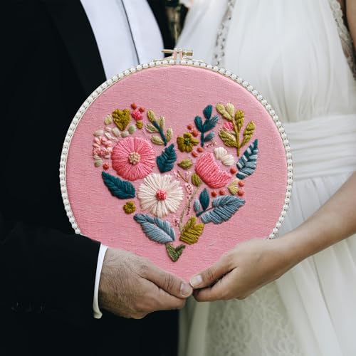 FONNUY I Love You Embroidery Kit for Beginners, Pre-Stamped Pattern Kits, Romantic Anniversary for Women Men, Valentine's Day Gifts Thread Needlework, 8'' Hoop (Love 03) - color: Love 03