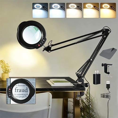 12X Magnifying Glass with Light and Clamp, 84 LEDs Real Glass Lens Magnifying Lamp for Close Work, Repair, Reading, Craft（Top Button） - color: Black 2