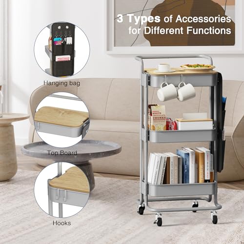DTK 3-Tier Rolling Cart with Table Top, Metal Utility Cart with Side Bags - color: Gray, size: Large