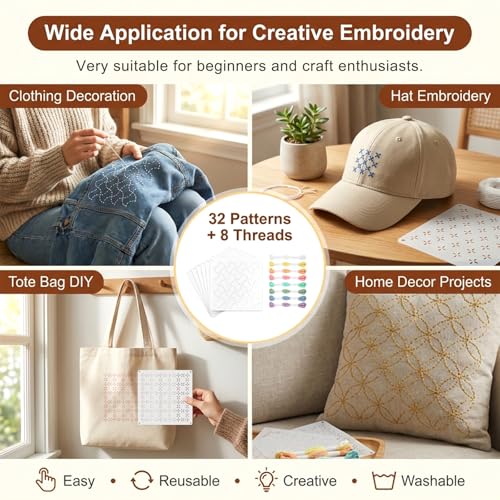 32 Pcs Sashiko Geometric Stencils Kit, 5.1"×5.1" Reusable Plastic