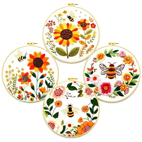 Zhenqing Bees & Flowers Embroidery Kit 11.4x11.4cm - 4-Piece Complete Cross Stitch Set with Pre-Printed Fabric, Threads, Hoop, Needles & Instructions | DIY Craft for Adults, Beginners-Friendly (C0046) - color: C0046