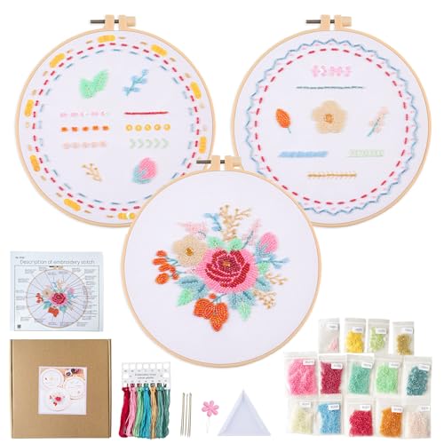 Myfelicity Bead Embroidery kit with Floral Patterns, Colorful Thread Sets, and Instructions, Suitable for Beginners and Adults, Box Packaging