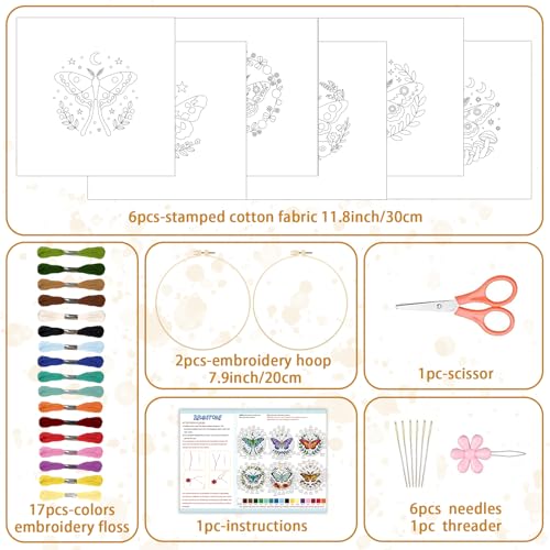 BEUNITONE 6 Set Moth Embroidery Kit for Adults Beginners, DIY Needlepoint Craft Kits with Instructions and Hoops, Complete Starter Set for Adults, Handmade Embroidery for Gifts and Home Decor 20x20cm - style: Moth