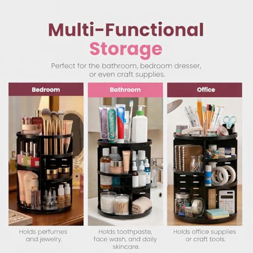 Masirs 360 Rotating Makeup Organizer Countertop, Adjustable Shelf, Black - color: Black