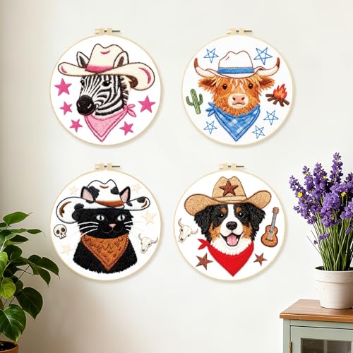 BEUNITONE 4 Set Embroidery Kit for Beginners, Animal Cowboy Patterns Cross Stitch Kits, Needlepoint Kits for Adults with Hoop, Cute Hand Embroidery Patterns for Cloth and Home Decor - style: A-Cowboy Animals