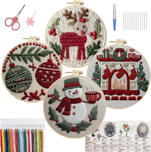 CanVrinxol 4 Sets Christmas Embroidery Kits for Adults Beginners, Cross Stitch Kits with Patterns, Hoops, Threads, Needles & Tools, DIY Craft Gift Ideas (Christmas Collection 1) - style: Christmas Collection 1