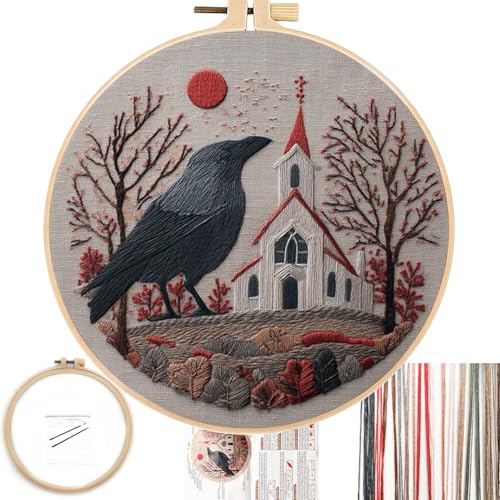 FONNUY Embroidery Kit, Featuring Crow and Landscape Patterns, Cross Stitch Kits for Both Adults and Beginners, Handmade Crafts Printed Pattern Set, Color Thread Needlework, 8'' Hoop (Clever Bird) - color: Clever Bird