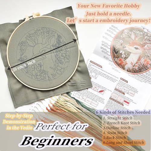 FONNUY Printed Deer and Floral Embroidery Kit with Hoop, Cross Stitch Kits for Beginners, Handmade Crafts, Easy to Follow Color Thread Needlework, 8'' Hoop (Floral Whispers Deer Listening) - color: Floral Whispers Deer Listening