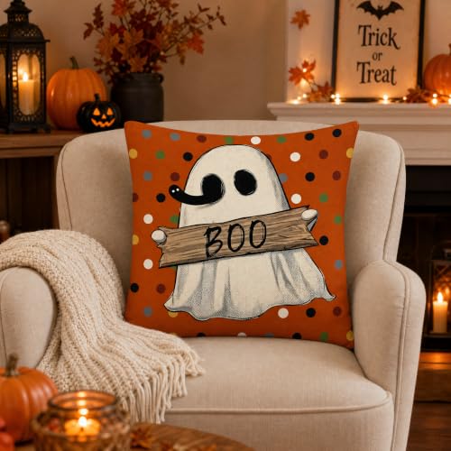 Ghost Holding Boo Sign Linen Throw Pillow Cover 18x18 for Couch - color: Pa10065, size: 18" x 18" (Pack of 1)