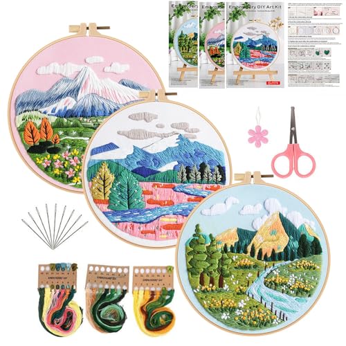 Konrisa 3 Pcs Landscape Embroidery Kits, Mountain Flower Village Pattern Cross Stitch Kit, DIY Sewing Practice Kits for Adults Home Decoration,Include Embroidery Cloth Threads and Needles,1pc Hoops - color: village