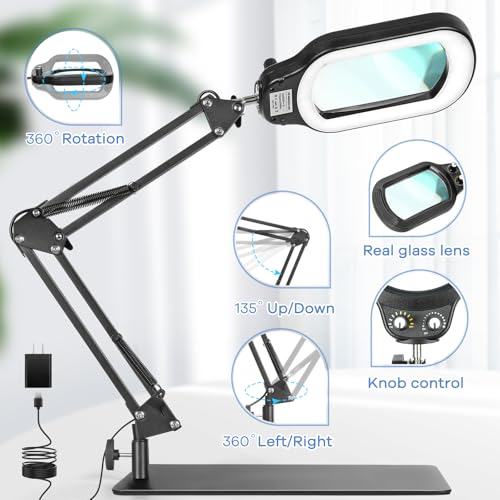 15X Rectangle Magnifying Glass with Light and Stand, Real Glass Lighted Magnifier Hands Free, Mechanical Knob 5 Color Modes Stepless Dimmable, 2-in-1 LED Desk Lamp with Clamp for Close Work, Reading