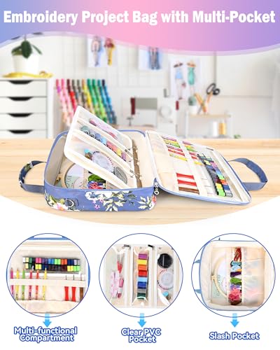 Telawsfun Embroidery Project Bag Organizer, Embroidery Supply Storage Bag with Removable Binder, Portable Carrying Tote for Thread Tools and Accessoriess, Bag Only (Flower) - color: Flower