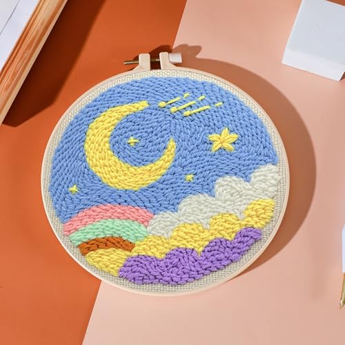 Cheloment 2 Sets Punch Needle Kits with 5mm/3.5mm Punch Needle,Fabric,Threader, Yarns and Hoops Embroidery Starter Kit for Adults Beginner, Perfect for DIY Craft and Decoration (Moon&Leaf) - size: Leaf & Moon