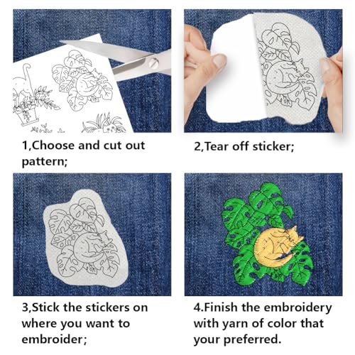 BENECREAT 4Sheets 16Pcs Cat Water Soluble Embroidery, 11.7x8.3inch Home Plants Cats Stick and Stitch Embroidery Paper Stabilizer Water Soluble Hand Sewing for Shirts, Coats, Bags - color: Cat
