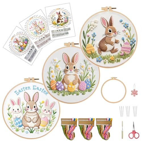 Draxion Embroidery Kit for Adult Beginners, 3 Pack Hand Easter Bunny Embroidery Starter Kit, Cross Stitch Needlepoint Kits with Hoop, Threads and Instructions