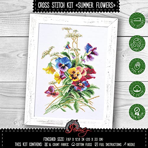Povitrulya Summer Flowers - Embroidery Set - DIY Counted Cross Stitch Kit with Paper Pattern, 14 Count Aida Canvas and Pre-Sorted Floss - color: Summer Flowers